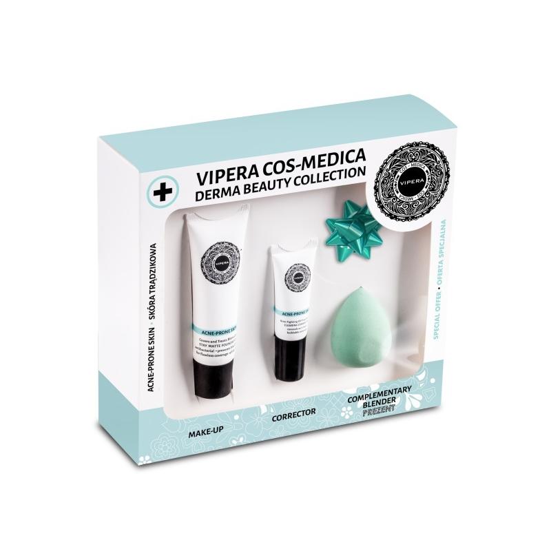 Derma Beauty Collection zestaw kosmetyków 03 do cery trądzikowej fluid matująco-kryjący 25ml + korektor 8ml + blender Derma Beauty Collection zestaw kosmetyków 03 do cery trądzikowej fluid matująco-kryjący 25ml + korektor 8ml + blender